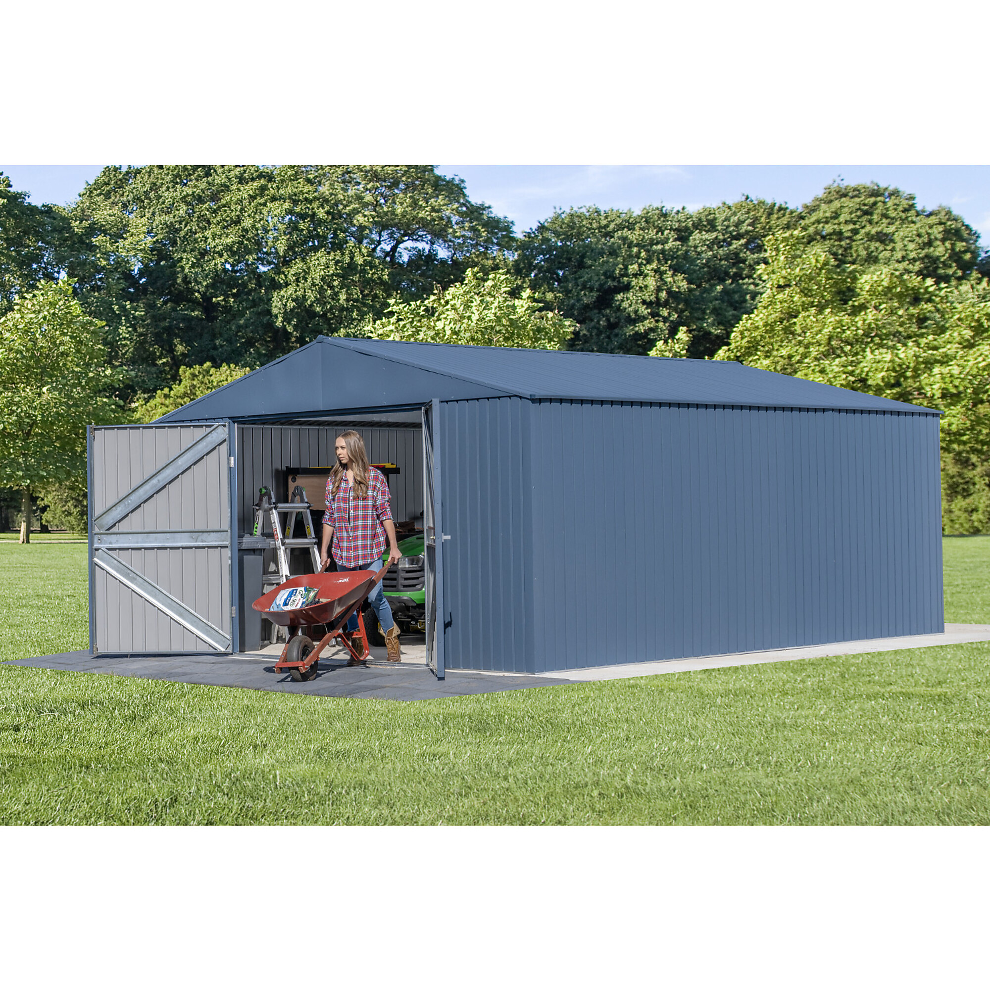 Arrow Storage Products, Elite Steel Storage Shed, 14x16, Blue Grey, Length 16.1 ft, Width 14.2 ft, Model# EG1416BG